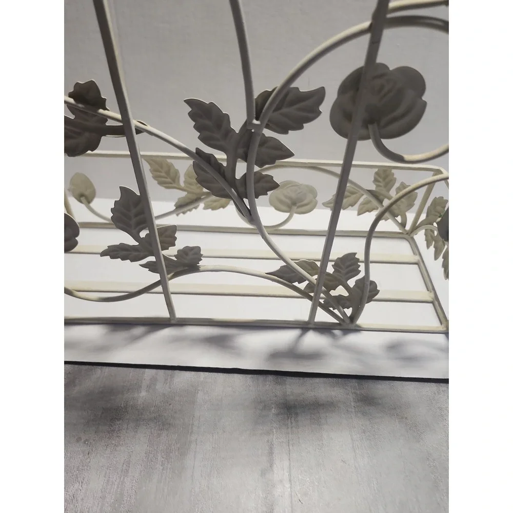 Vtg Metal Wrought Iron Wall Hanging Shelf Floral Decor Beige Distressed 19 in.